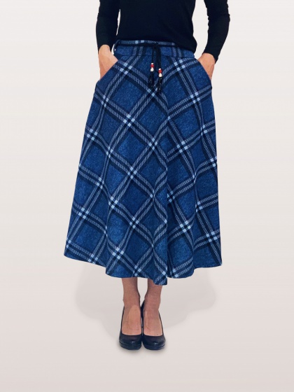 Blue high waist A-line flared checkered skirt