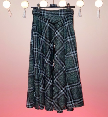 Green high waist A-line flared checkered skirt