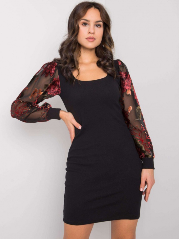 Tight fitting black dress with transparent sleeves